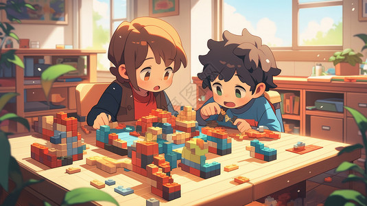 马赛克艺术两个可爱的卡通小孩在游戏桌上玩游戏插画