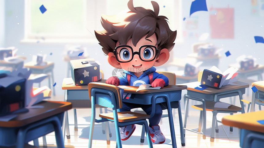 坐在书桌上开心笑戴眼镜的卡通小男孩图片