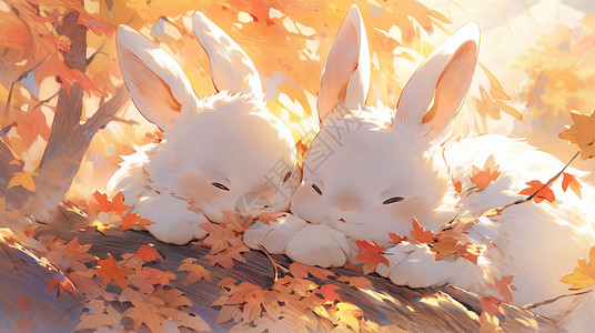 秋天趴在树上的两只可爱的卡通小白兔图片