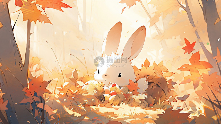 秋天在枫叶林中呆萌可爱的卡通小白兔图片