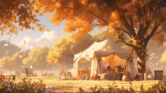秋天在森林中的卡通露营帐篷背景图片