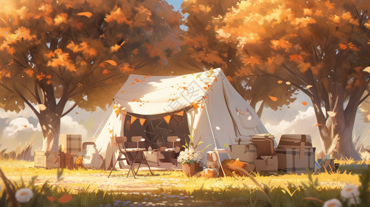 秋天在森林中两棵树下一个可爱的卡通帐篷背景图片