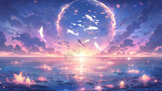 水上飞鱼紫色调大海上美丽的卡通晚霞与飞鱼插画