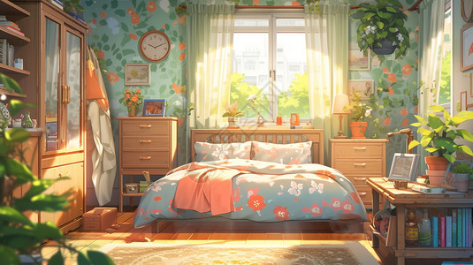 满是植物温馨的卡通卧室背景图片
