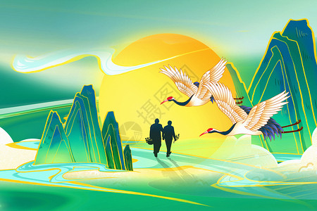 河上国潮风重阳节背景设计图片