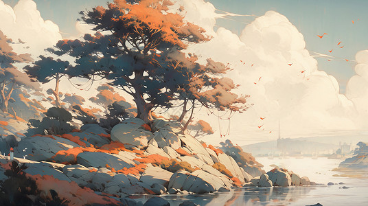秋天在湖边的卡通古树图片