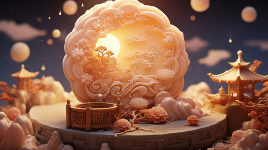 雕花蛋糕中秋节美味的传统糕点雕花月饼插画