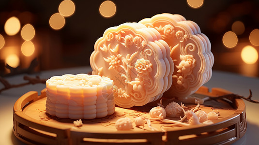 立体雕花中秋节美味的传统糕点雕花月饼插画