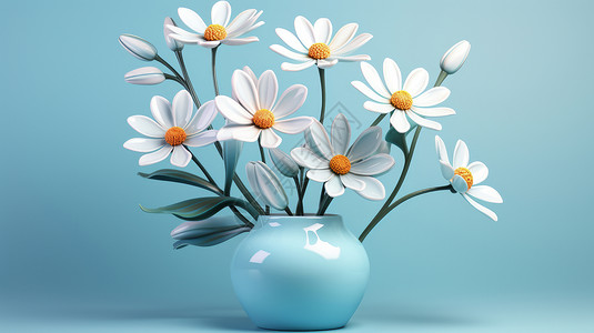 蓝色艺术花瓶在蓝色花瓶中的立体小雏菊插画