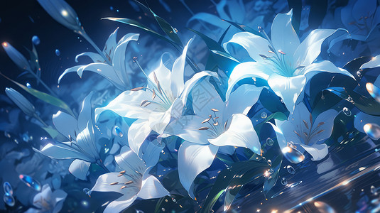 夜晚蓝色花朵夜晚森林中漂亮的卡通花朵插画