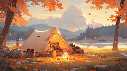 秋天在湖边点燃篝火与卡通露营帐篷高清图片