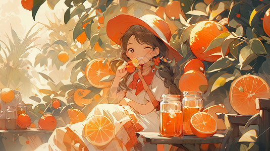坐在橙子园中吃橙子的可爱卡通女孩背景图片