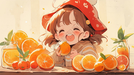 戴小红帽的可爱卡通女孩在吃橙子背景图片