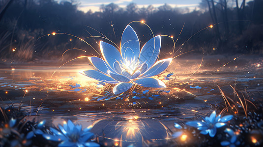 一朵蓝色莲花傍晚在河边梦幻发光的卡通蓝色大花朵插画
