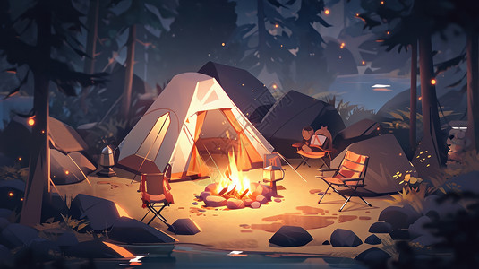 日比谷在晚上卡通风景夜晚在森林中点燃篝火露营插画