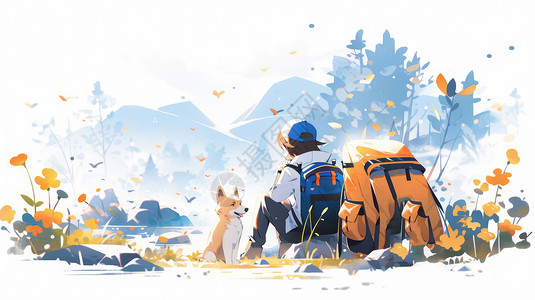 中老年人运动休息徒步旅行与宠物狗坐在湖边休息卡通人物插画