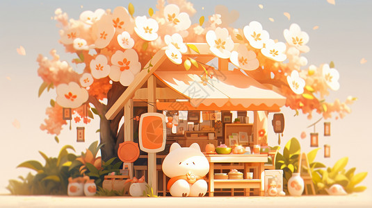 猫房房顶上开满花朵可爱的立体卡通小商店插画