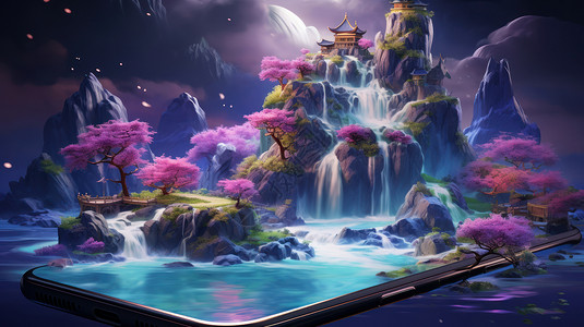 手机上立体梦幻的卡通古风山水瀑布风景图片