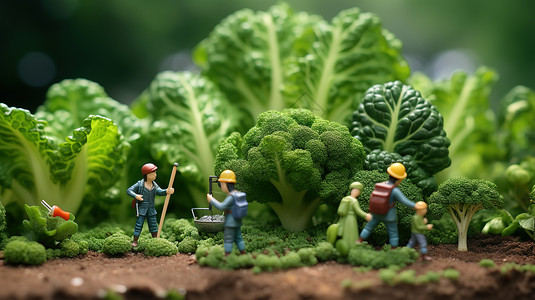 迷你西兰花创意农产品绿色蔬菜和西兰花微观创意小人插画