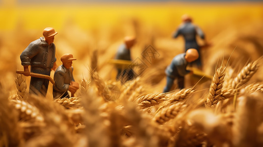 秋收麦田忙碌的农民微观小人图片