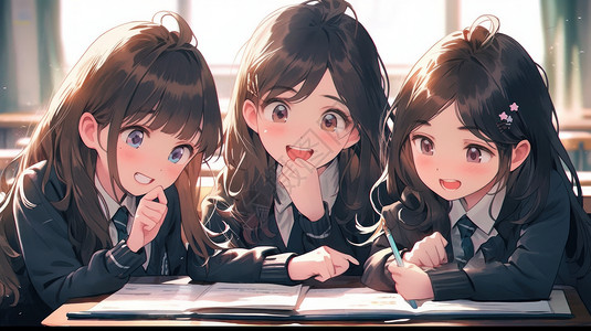 三个可爱的卡通女孩在写作业背景图片