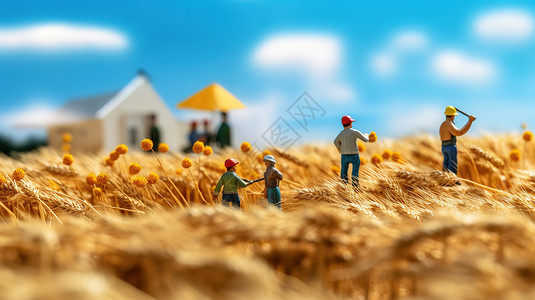 秋天麦田忙碌农民微距小人图片