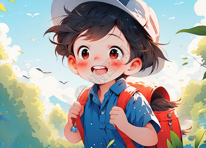 背着书的男孩背着书包去上学开心笑的卡通小男孩插画