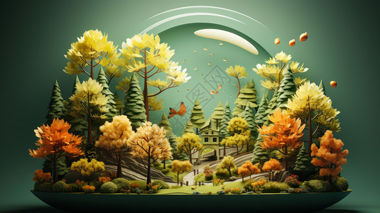 漂亮唯美的秋天立体森林盆景背景图片