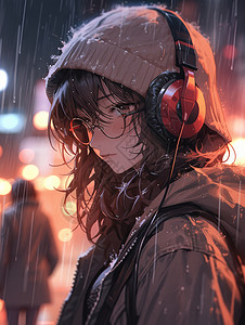 雨中戴着红色耳麦和毛线帽的卡通女孩背景图片
