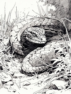 线描风草地上趴着一条大蛇背景图片