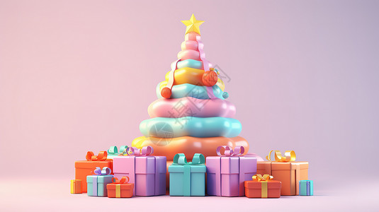 超市堆头圣诞树礼物堆头3D立体插画