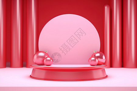苹果圆形素材3D立体圣诞圆形电商展台红色背景设计图片