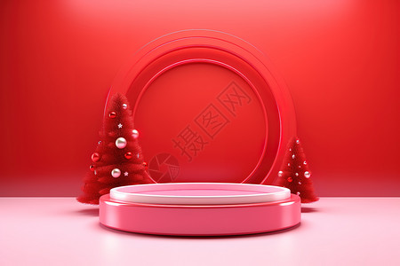 圣诞主题边框圣诞圆形电商展台3D立体红色背景设计图片
