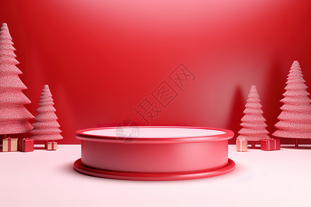 一棵红色树圣诞3D立体圆形电商展台红色背景设计图片