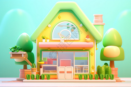 木质玩偶元素环保的房子绿色3D立体背景插画