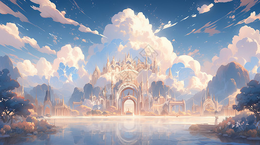 高高的云朵下梦幻的卡通城堡图片