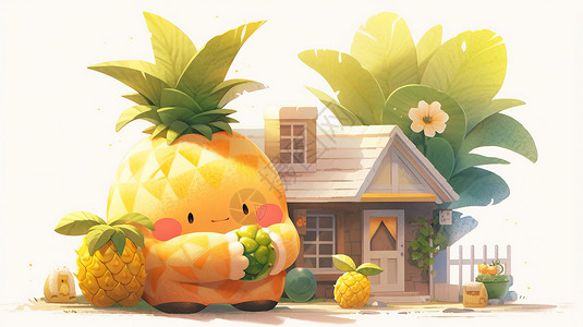 可爱的卡通菠萝与小房子背景图片