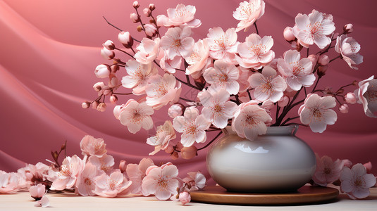 汝瓷白色瓷花瓶中的漂亮粉色花朵设计图片