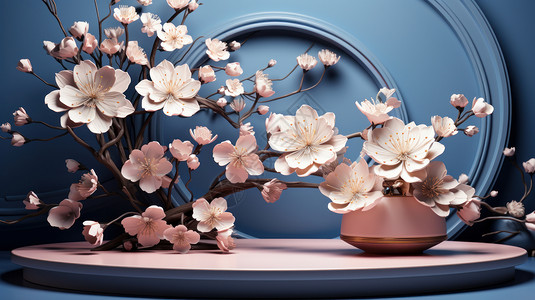 一枝樱花在蓝色背景前的一枝粉色立体卡通桃花设计图片