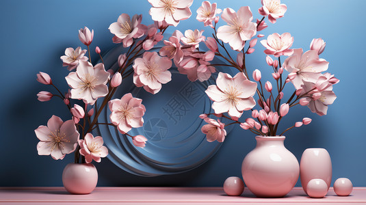 剪纸风立体樱花在花瓶中的淡粉色立体卡通桃花设计图片