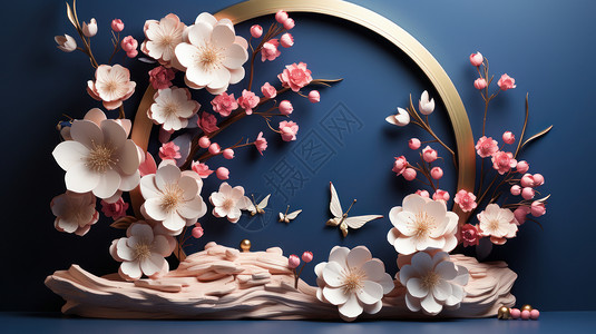 精致的蓝色精致立体的粉色桃花电商背景设计图片