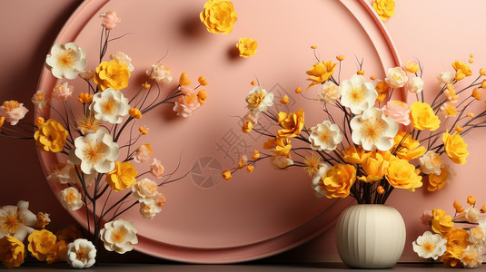 桃花插花粉色背景前多枝漂亮的粉色与黄色立体卡通花朵设计图片