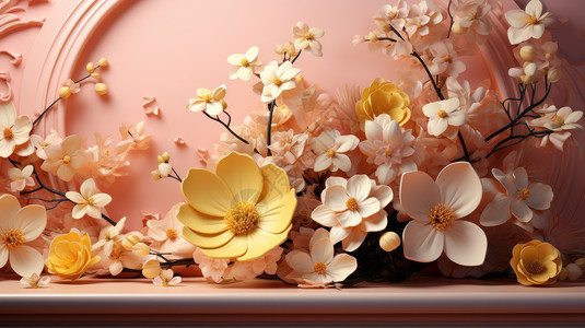 桃花插花立体漂亮的卡通花朵背景设计图片