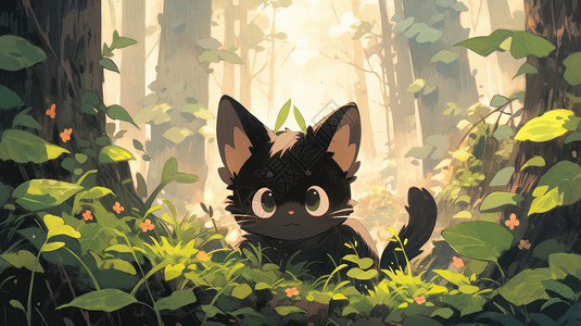 在树下头上顶着的卡通小黑猫高清图片