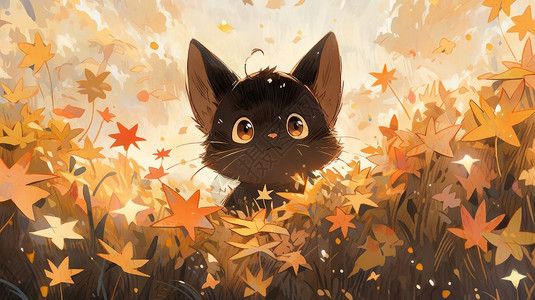 秋天在草丛中的可爱卡通小黑猫背景图片
