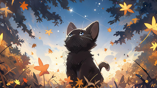 秋天抬头仰望星空的可爱卡通小黑猫图片