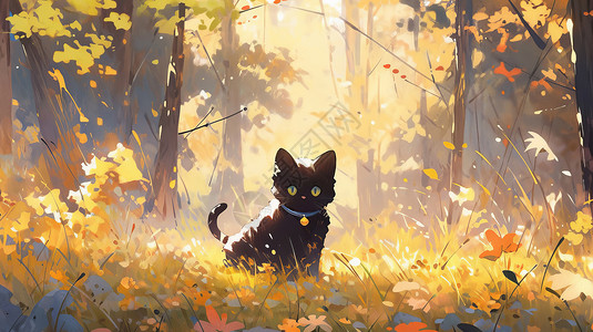 秋天脖子挂铃铛的可爱卡通小黑猫在森林中图片