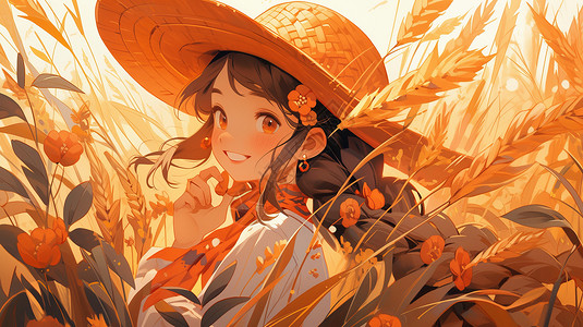 秋天在麦子地中戴草帽的卡通女孩图片