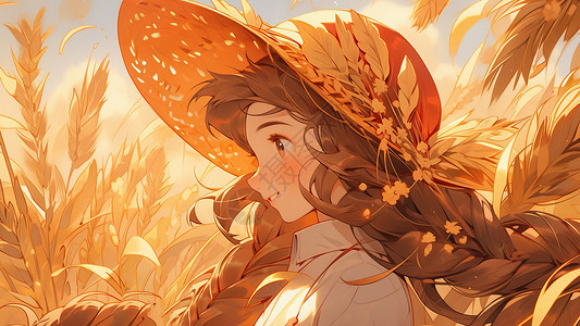 戴橙色草帽的长发卡通女孩在麦子中图片