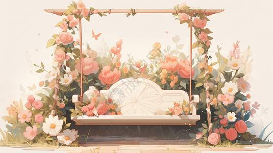 长凳秋千被花朵包围漂亮的小清新卡通秋千插画